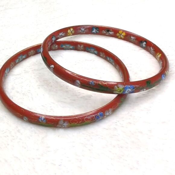 Vintage 70's Chinese Cloisonne Rusty Red Bangle Bracelets Qty 2 - Picture 4 of 10